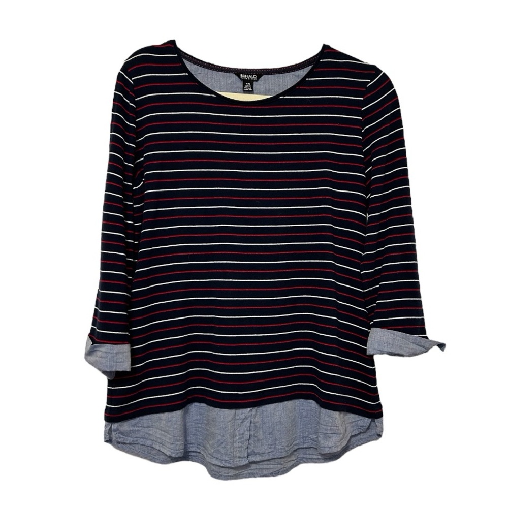 Nautical & Preppy Striped 3/4 Sleeve Top with Layered Look - Medium, 100% Cotton